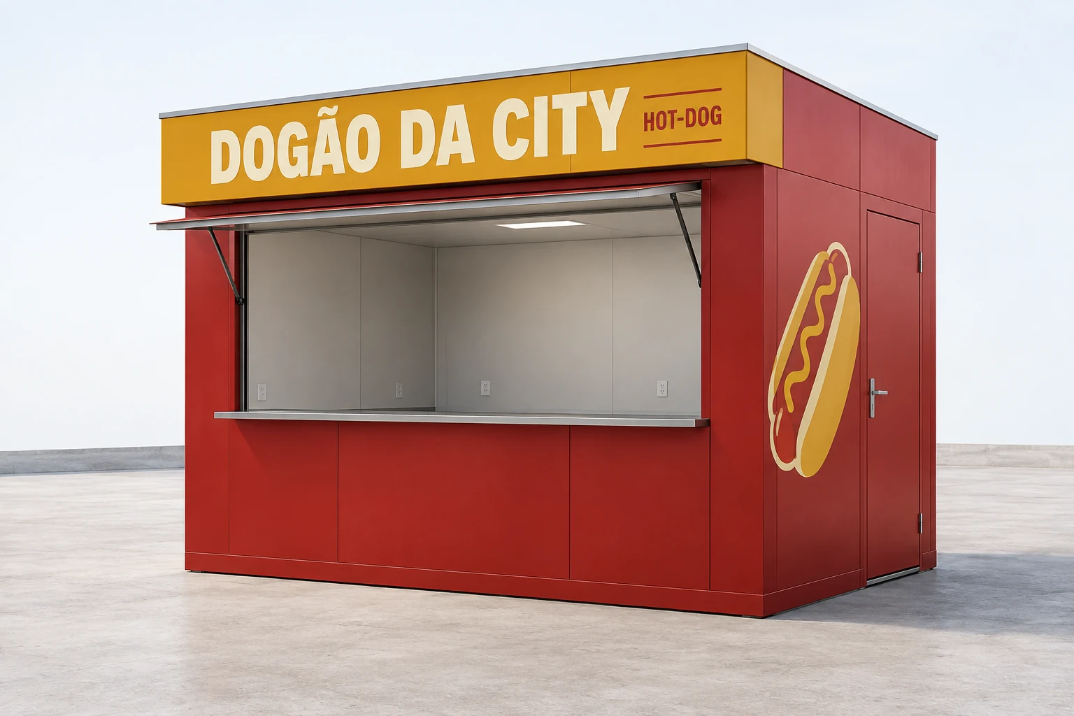 Conceito Dogão da City no módulo compacto de 3 × 2 m, com fachada vermelha e amarela e acabamento liso